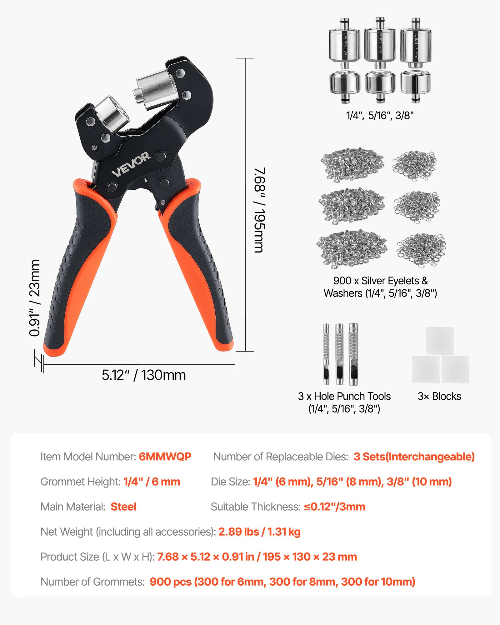 VEVOR Ösenzange 900 tlg. Set Ösen 6mm 8mm 10mm Magnetische Ösenpresse, Ösenstanze aus Stahl mit Magnetkopf Rutschfester Griff Geeignet für Leder Planen Schuhe Bastelarbeiten & Stoff