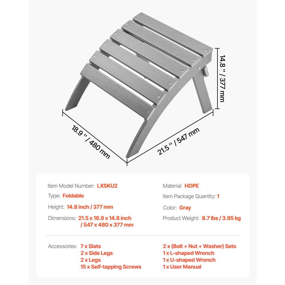 VEVOR Fußstütze für Adirondack-Stühle, 547x480x377 mm, klappbarer Adirondack-Ottomane aus HDPE-Kunststoff, Gartenstuhl, weit verbreitet für Außenbereich, Veranda, Pool, Rasen, Hinterhof, grau