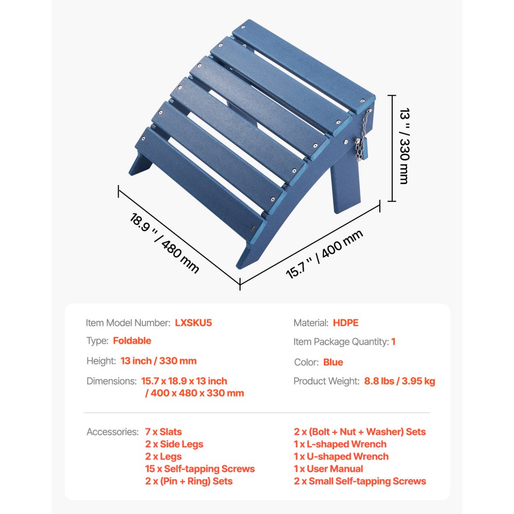 VEVOR Fußstütze für Adirondack-Stühle, 400x480x330 mm, klappbarer Adirondack-Ottomane aus HDPE-Kunststoff, Gartenstuhl weit verbreitet für Außenbereich, Veranda, Pool, Rasen, Hinterhof, blau