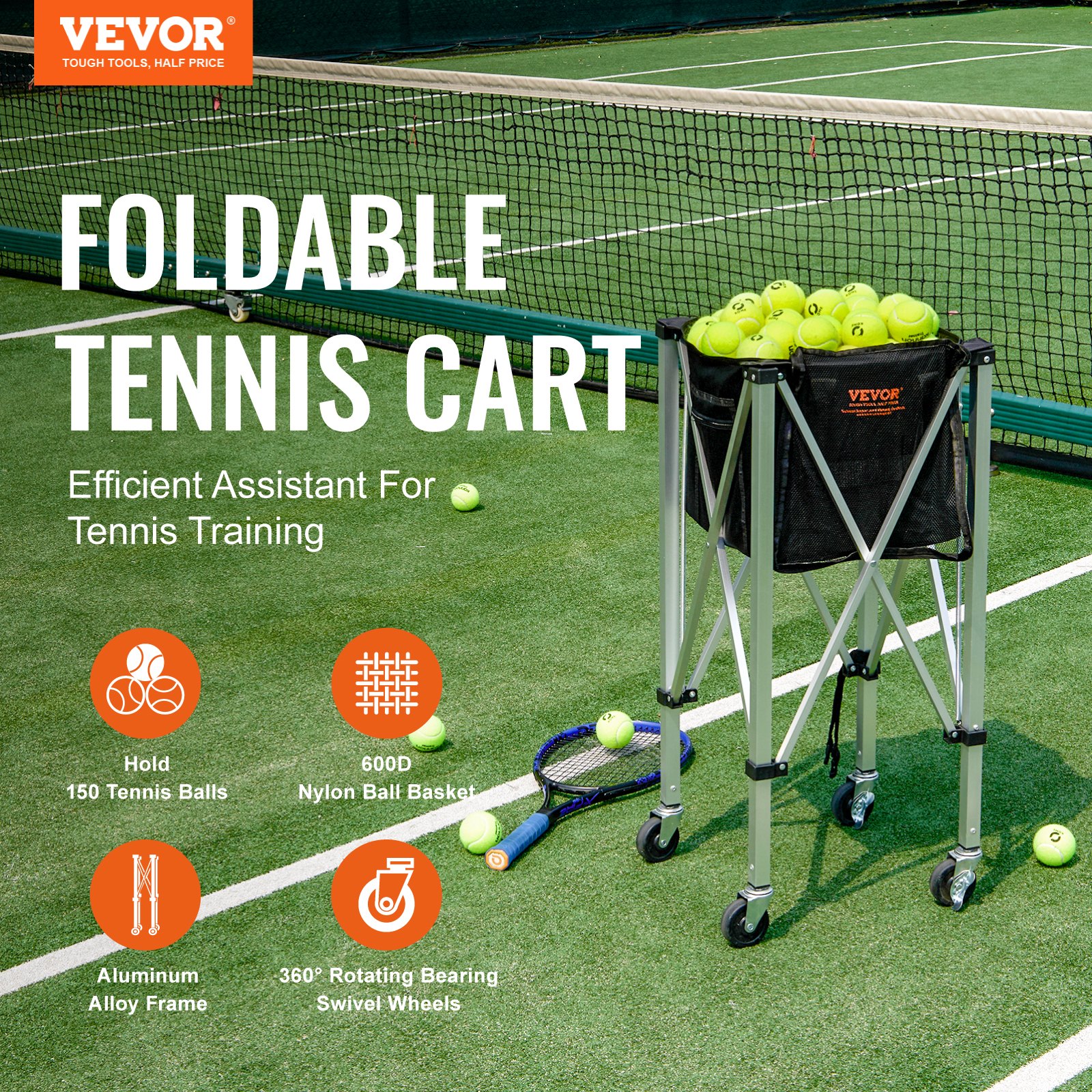 VEVOR Faltbarer Tennisballbehälter, fasst 150 Tennisbälle, leichter Tennisballkorbwagen aus Aluminiumlegierung mit Rädern, abnehmbare Tasche, Tragetasche, tragbarer Sport-Lehrwagen für Tennisspieler