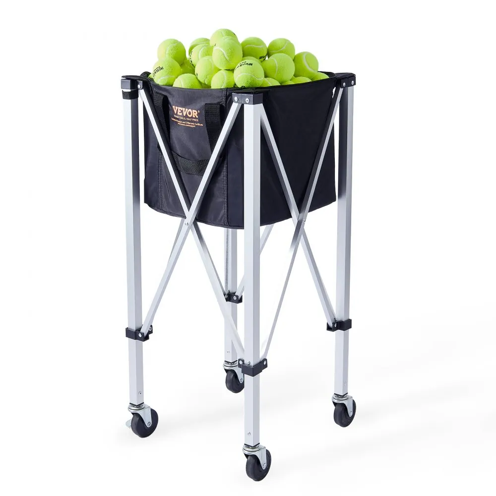 Tennisballbehälter auf Rädern, gefüllt mit gelbgrünen Tennisbällen; VEVOR-Logo auf schwarzer Netztasche.