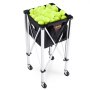 VEVOR-Tennisballbehälter gefüllt mit gelben Bällen, mit einer schwarzen Tasche auf einem stabilen Metallrahmen mit Rädern.