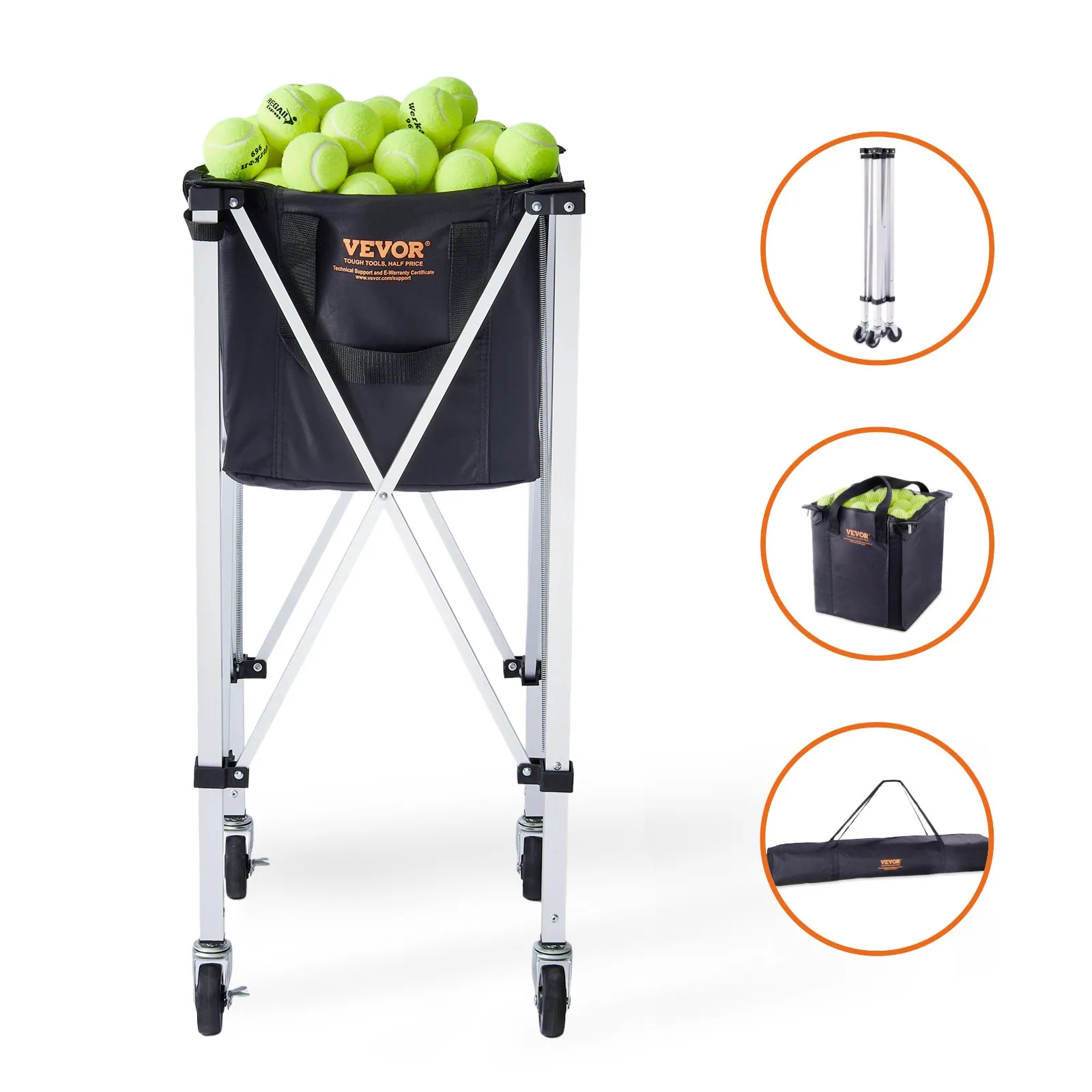 VEVOR-Tennisballbehälter gefüllt mit Tennisbällen, zusammenklappbarem Rahmen und Reisefächern.