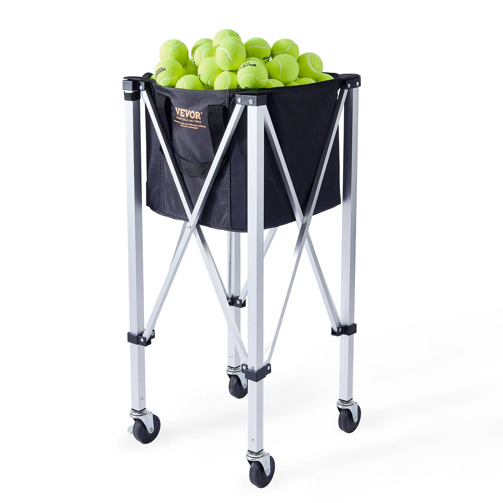 Tennisballbehälter auf Rädern, gefüllt mit gelbgrünen Tennisbällen; VEVOR-Logo auf schwarzer Netztasche.