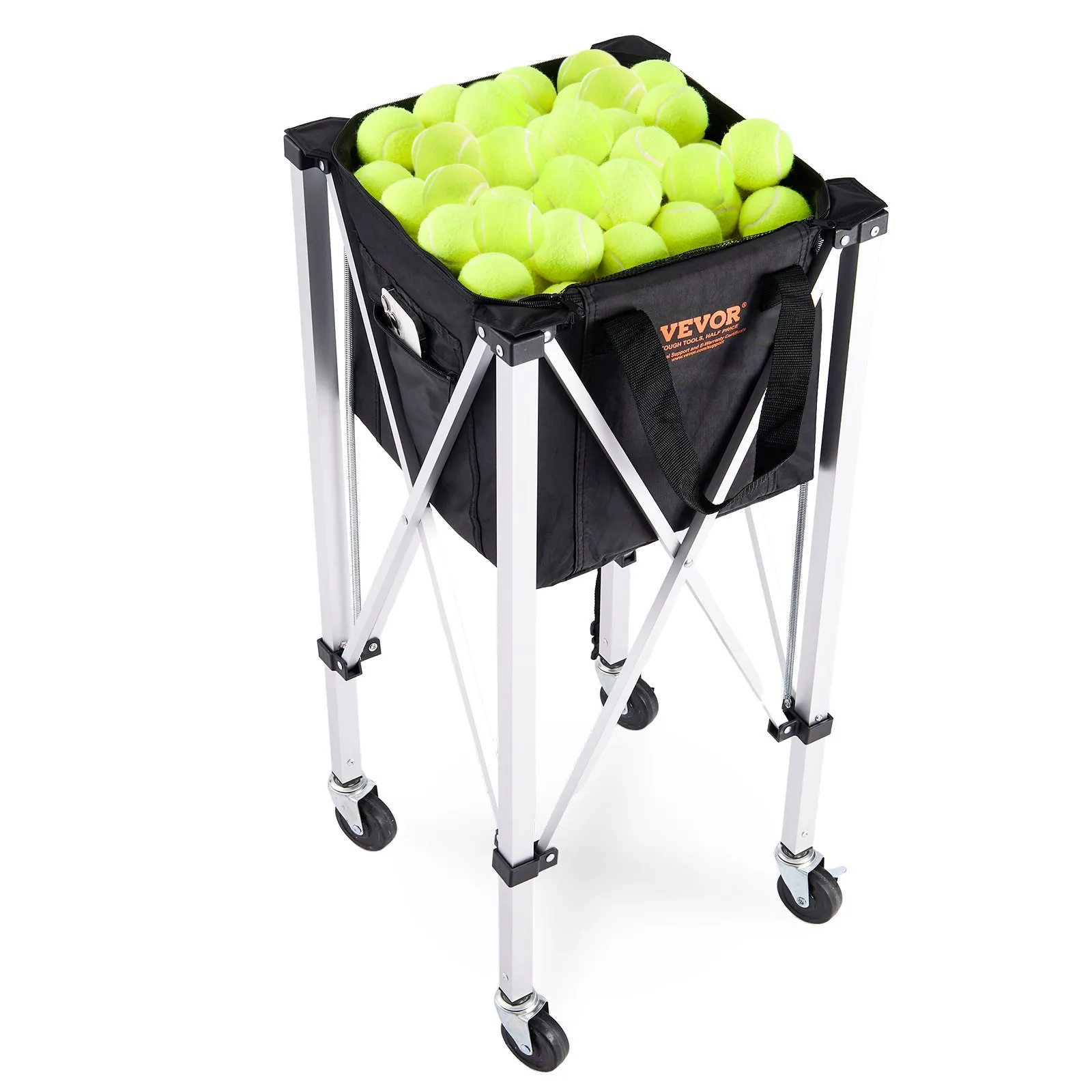 VEVOR-Tennisballbehälter gefüllt mit gelben Bällen, mit einer schwarzen Tasche auf einem stabilen Metallrahmen mit Rädern.