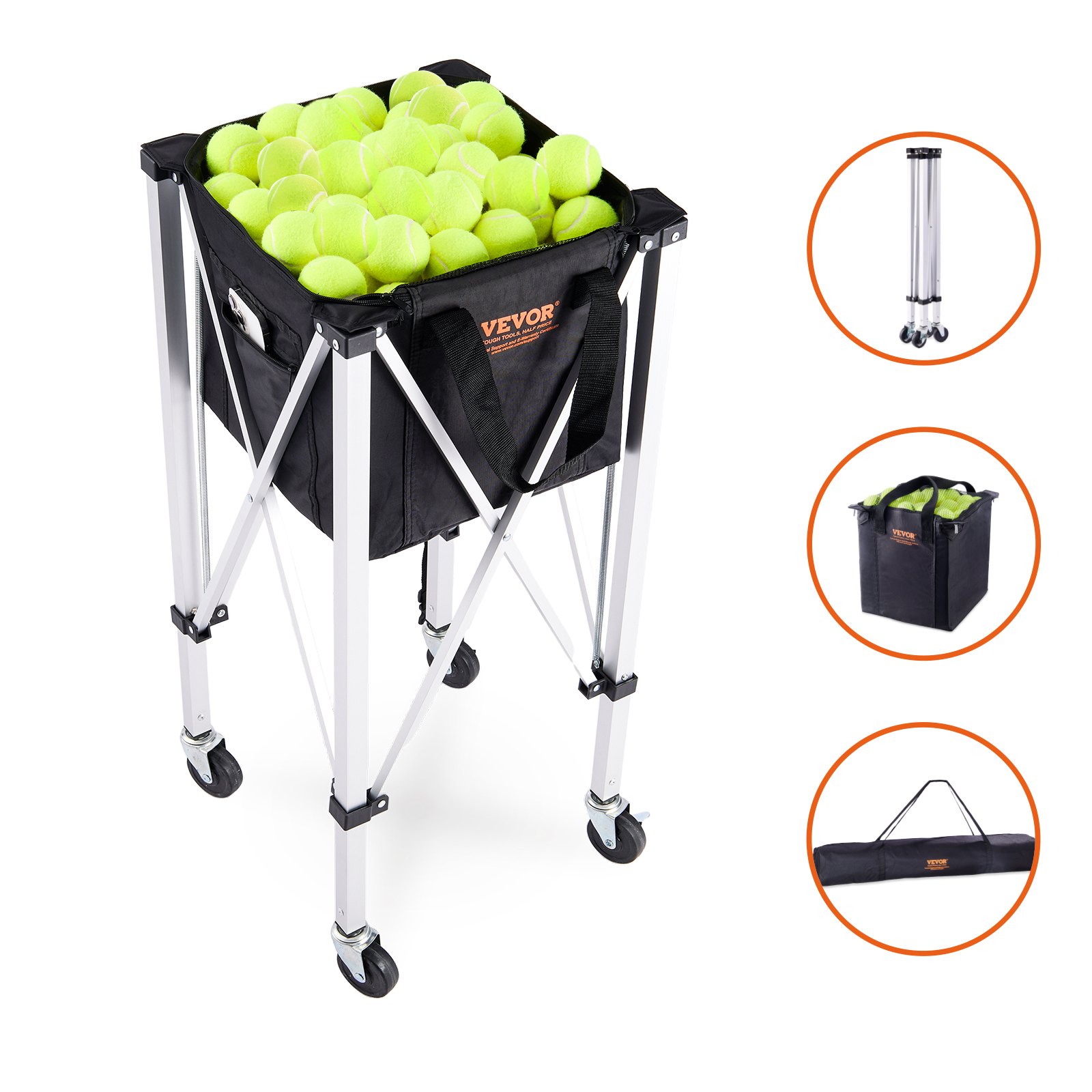 VEVOR Tennisballbehälter gefüllt mit Tennisbällen, zusammenklappbares Design, drei zusätzliche Produktansichten.