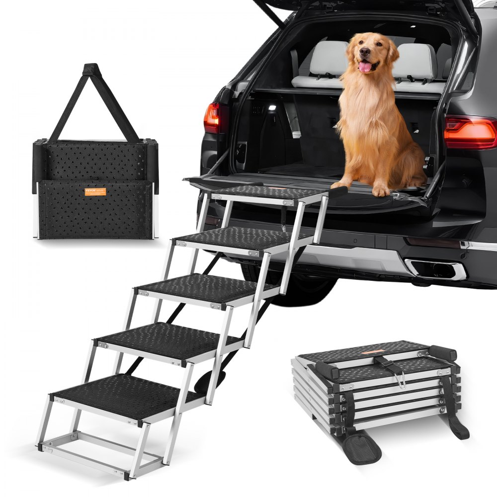 VEVOR-Hundetreppe neben einem SUV, Golden Retriever sitzt im SUV, faltbares Design mit Tragetasche.