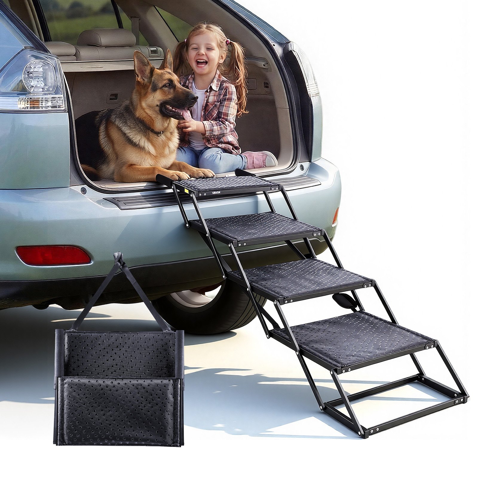 VEVOR Dog Stairs for Car, 4 Steps Extra Wide Foldable Dog Ramp for Large Dogs with Non-Slip Surface, Portable Lightweight Pet Stairs Ladder for Car, SUV, Truck, High Bed, Sofa, Support up to 113 kg