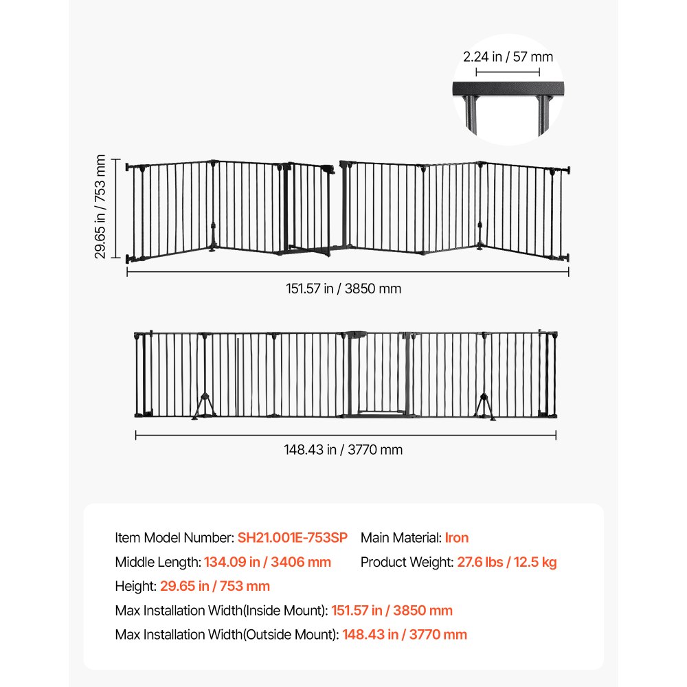 VEVOR Kaminschutzgitter Absperrgitter ohne Bohren 753 mm 6-tlg. Schwarz, Ofenschutzgitter für Hunde, Doppel-Dreieck-Stütze, Metallkonstruktion, Freistehend oder zur Wandmontage, Flexible Formen