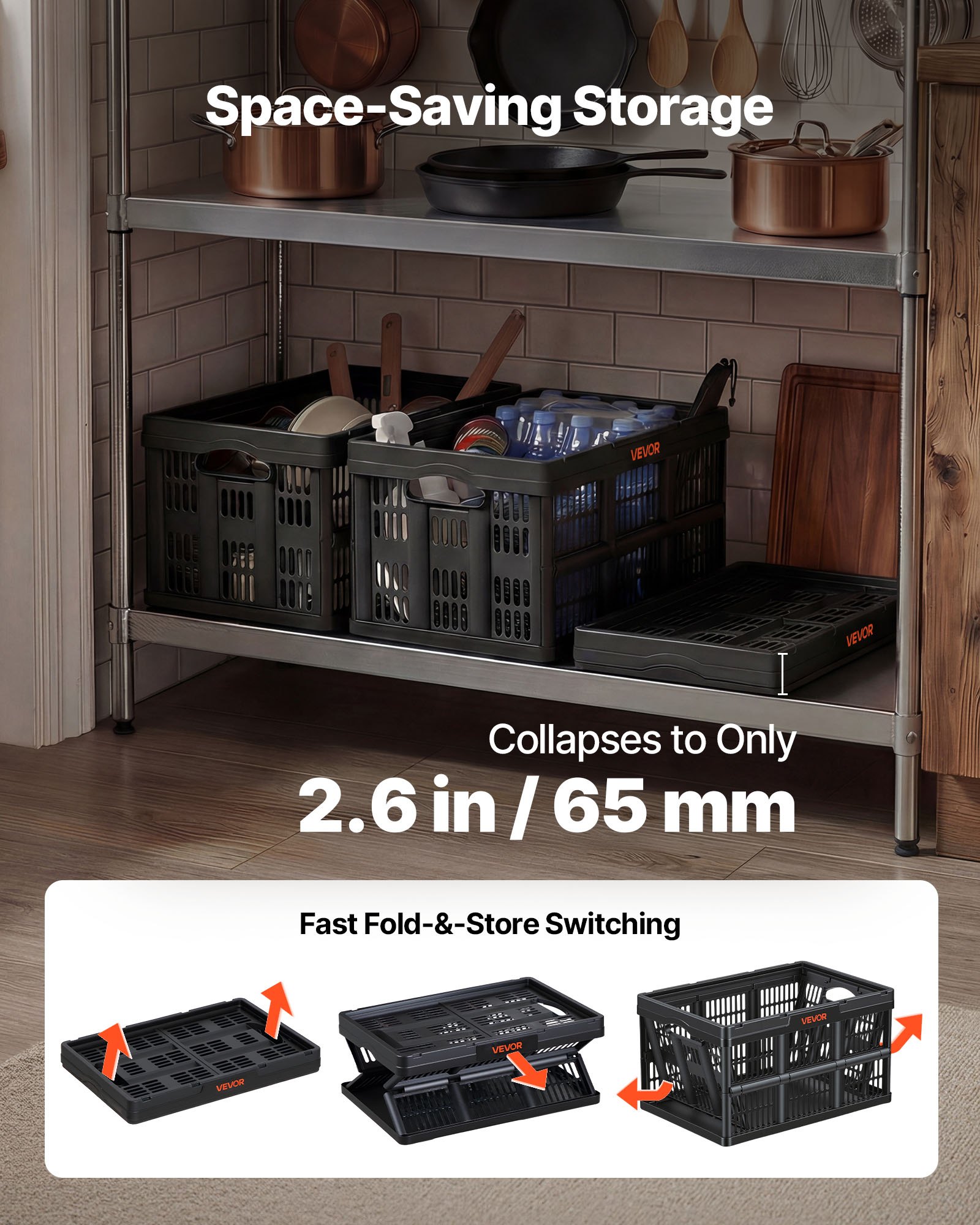 VEVOR Klappbox 45 L 3er-Pack, Faltbare Aufbewahrungsboxen aus Kunststoff, Stapelbare Klappkörbe mit Griffen, Tragkraft 15 kg pro Box, Klappkiste, Ideal für Haushaltsorganisation, Schwarz