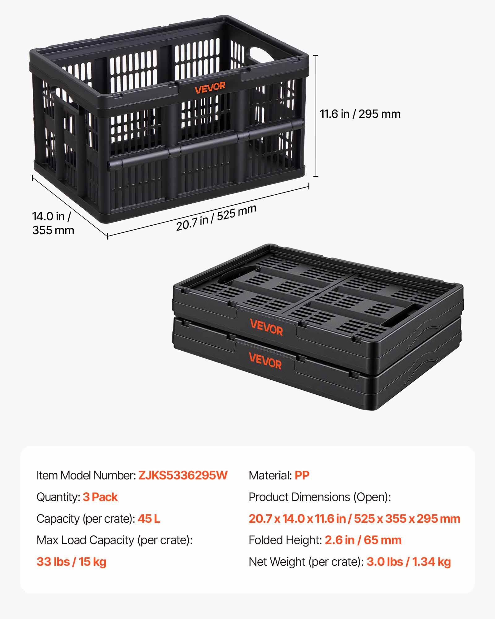 VEVOR Klappbox 45 L 3er-Pack, Faltbare Aufbewahrungsboxen aus Kunststoff, Stapelbare Klappkörbe mit Griffen, Tragkraft 15 kg pro Box, Klappkiste, Ideal für Haushaltsorganisation, Schwarz