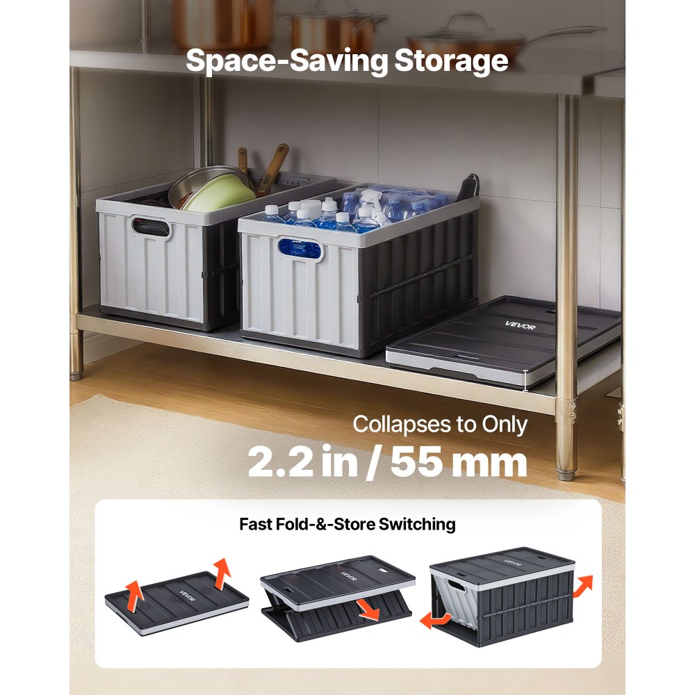 VEVOR Plastic Collapsible Storage Bins with Lids, 65L 3 Packs, Stackable Folding Storage Crates with Handles, Holds 38 kg Per Bin, Heavy Duty Containers, Space-Saving Baskets, for Home Organizing