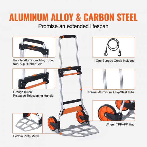 VEVOR Sackkarre Klappbar 125kg Transportkarre aus Aluminiumlegierung und Kunststoff Stapelkarre mit verstellbarem Griff 820-1105mm Faltbarer Trolley inkl. Bindeseil kompakte Größe zum Verstauen