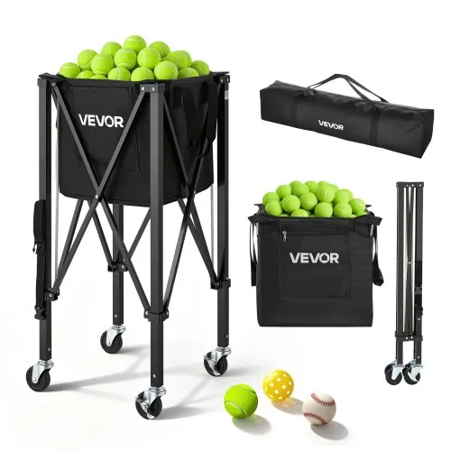 VEVOR Tennisballwagen Faltbar, Tennisballkorb für 150 Tennisbälle, Klappbarer Ballwagen mit Rahmen aus Aluminiumlegierung & Tragetasche, Mobiler Ballkorb mit Rollen für Training Aufbewahrung, Schwarz