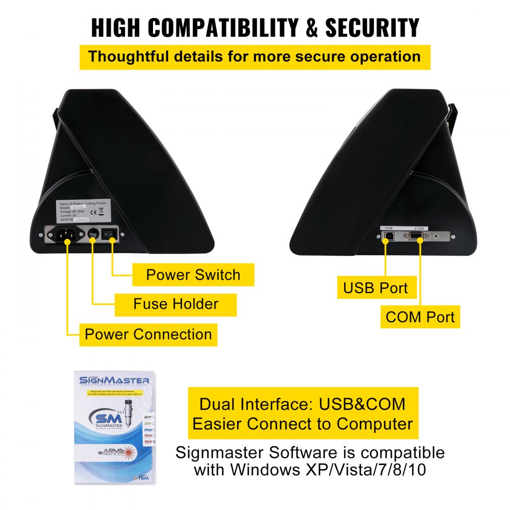 VEVOR Vinyl Cutting Plotter 870 mm Foil Cutter Power 95 W Voltage AC 85-264 V, Semi-automatic plotter machine with stand, Signmaster software, aluminum alloy, ARM, DMPL / HPGL, Windows