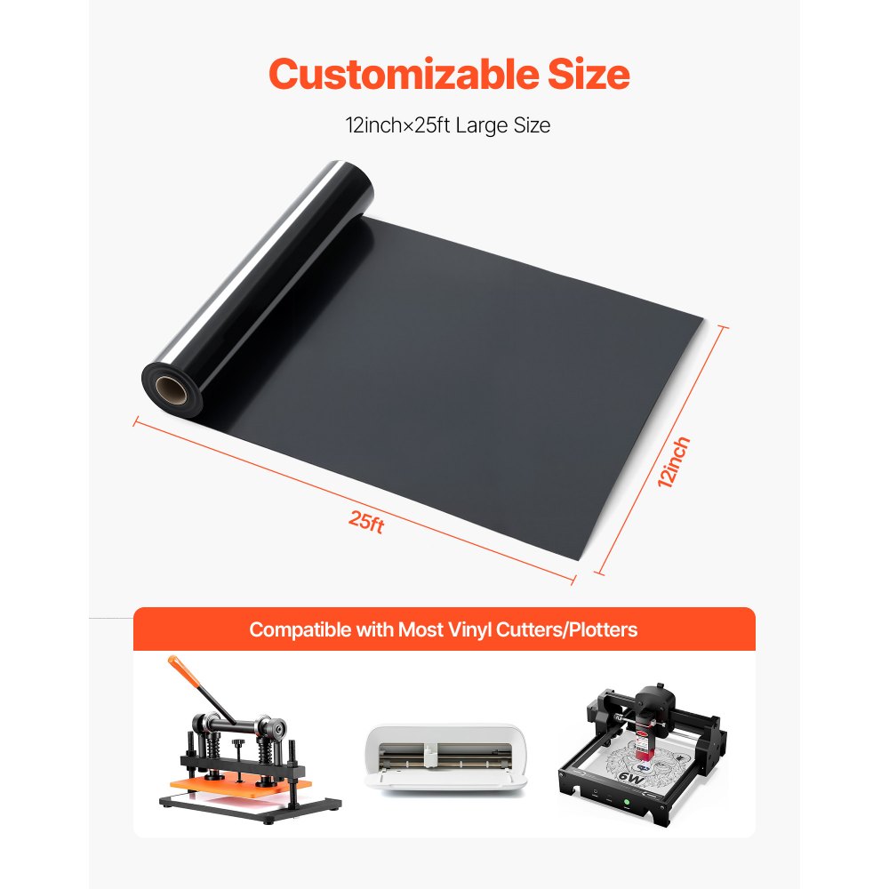 VEVOR Vinylfolie Wärmeübertragung Transferfolie (304,8 x 7260 mm), glänzend schwarze Bügelvinylrolle, kompatibel mit Schneidemaschinen, für verschiedene Materialien T-Shirts Kissen Hüte