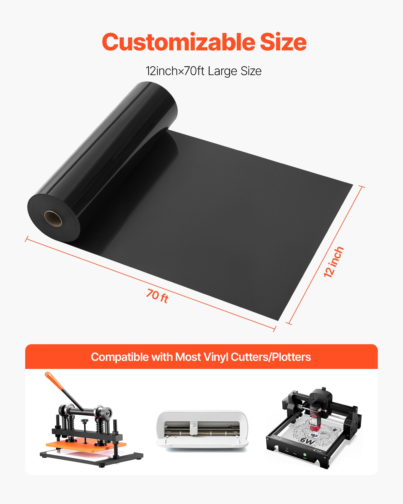 VEVOR Vinylfolie Wärmeübertragung Transferfolie (304,8 x 21336 mm), glänzend schwarze HTV-Bügelvinylrolle, kompatibel mit Schneidemaschinen, für verschiedene Materialien T-Shirts Kissen Hüte