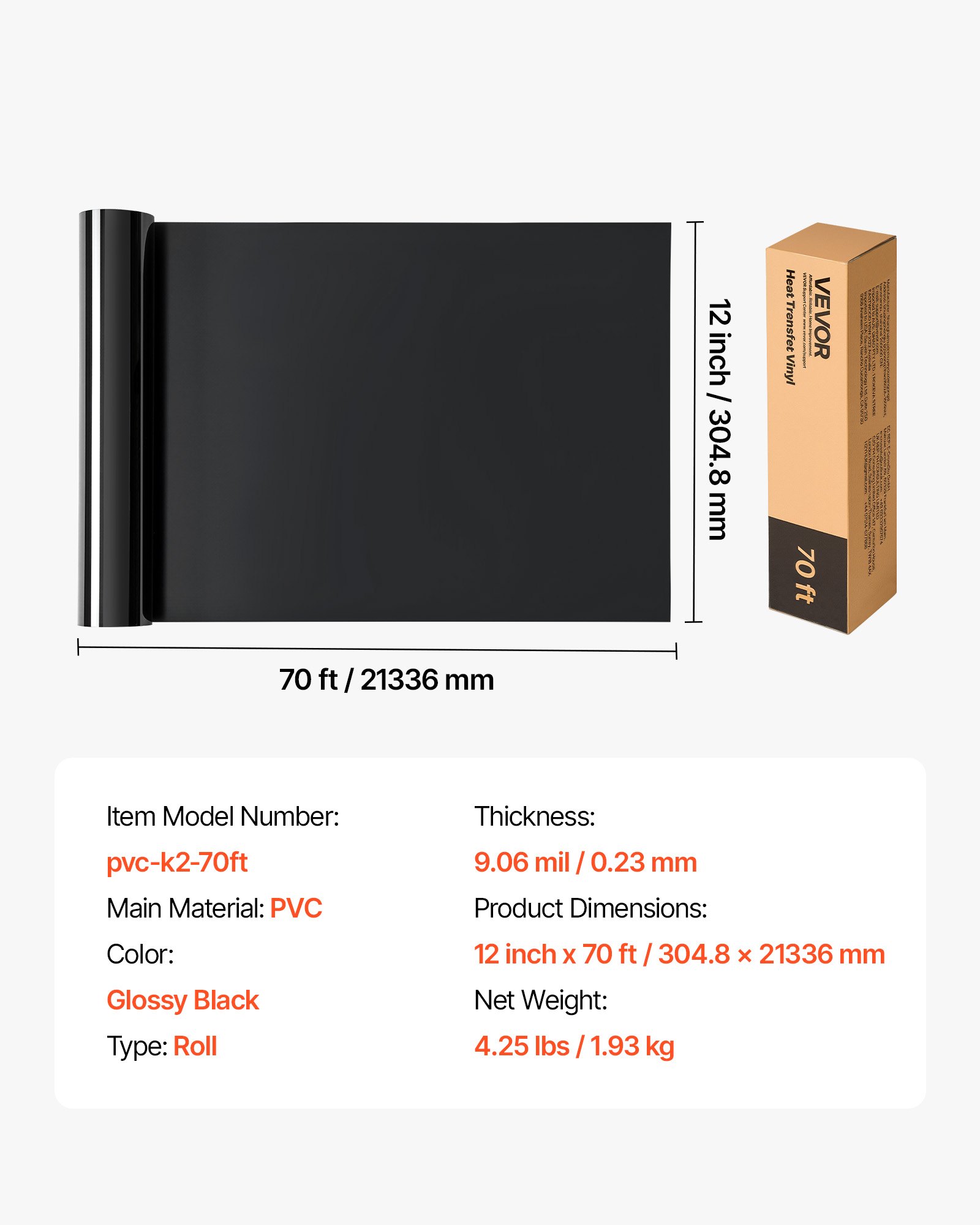 VEVOR Vinylfolie Wärmeübertragung Transferfolie (304,8 x 21336 mm), glänzend schwarze HTV-Bügelvinylrolle, kompatibel mit Schneidemaschinen, für verschiedene Materialien T-Shirts Kissen Hüte