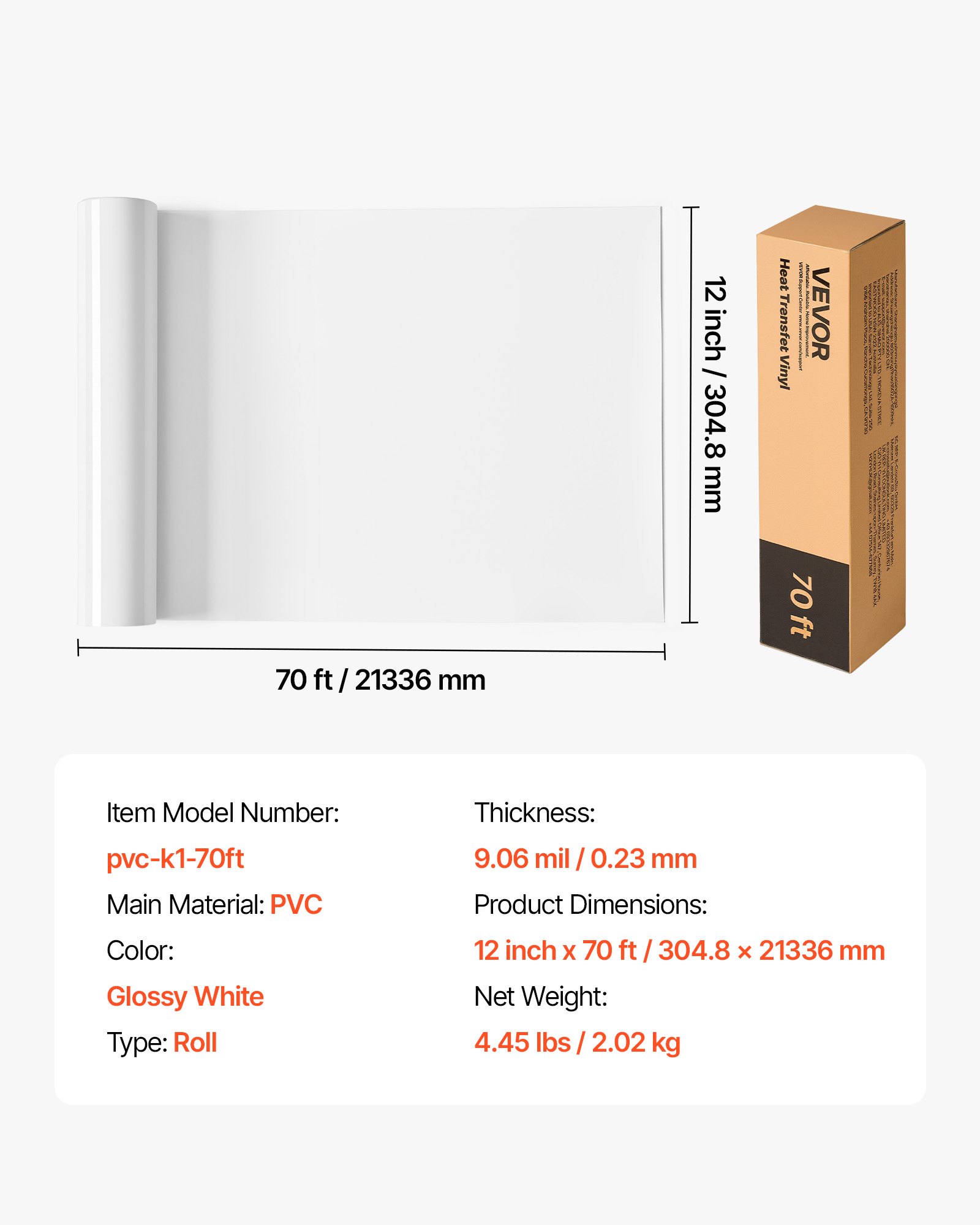 VEVOR Vinylfolie Wärmeübertragung Transferfolie (304,8 x 21336 mm), glänzend weiße HTV-Bügelvinylrolle, kompatibel mit Schneidemaschinen, für verschiedene Materialien T-Shirts Kissen Hüte