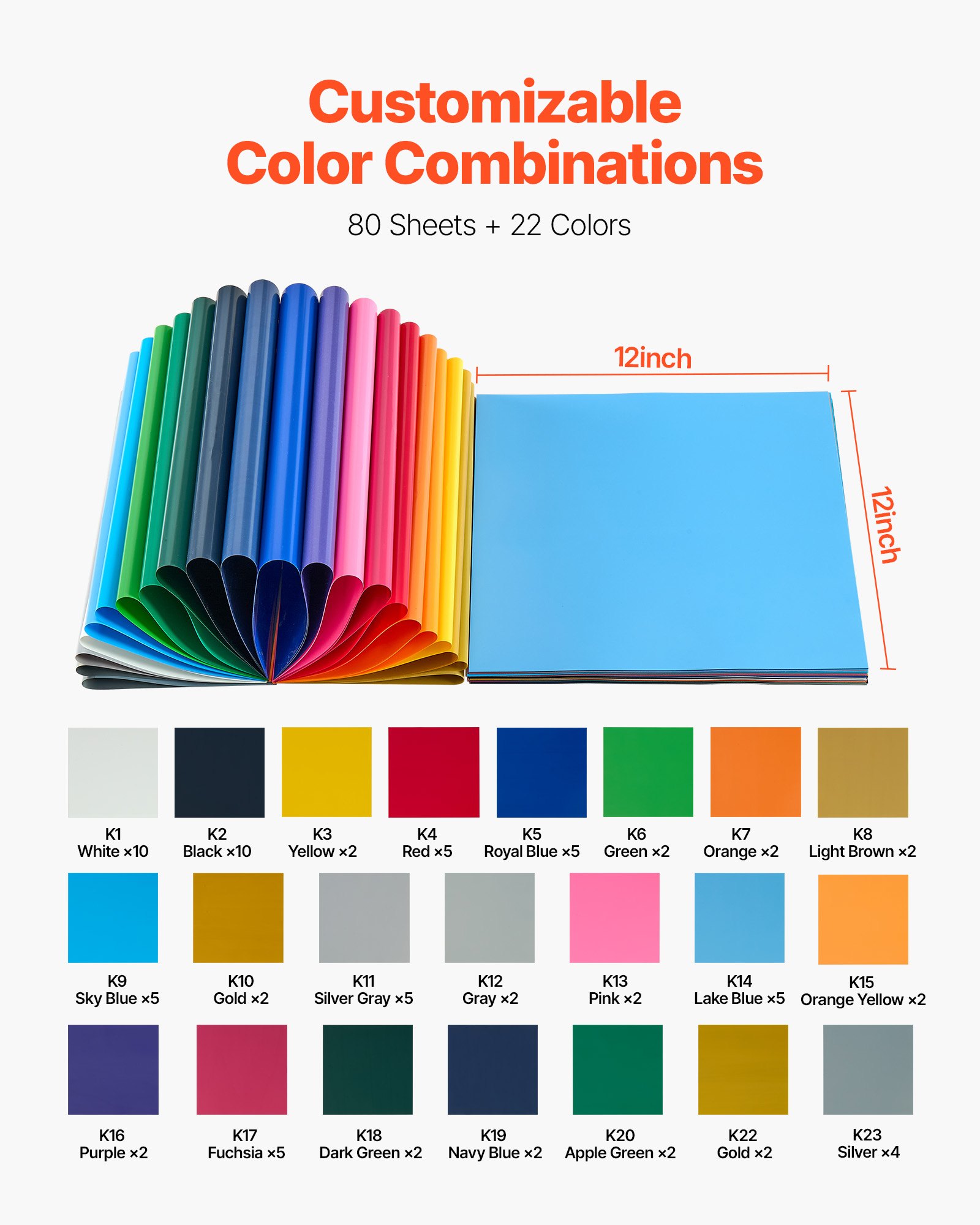 VEVOR Vinylfolie Wärmeübertragung Transferfolie (304,8 x 304,8 mm) 80 Blätter, verschiedene Farben, Plotterfolie kompatibel mit Schneidemaschinen, Aufbügelfolie für T-Shirts Kissen Hüte