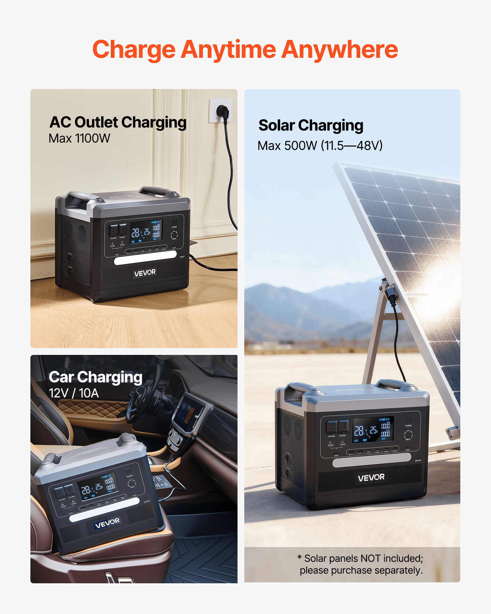 VEVOR Tragbare Powerstation, 2400W 2160Wh Solargenerator mit 10 Ausgängen und einstellbarer Eingangsleistung, erweiterbarer LiFePO4-Akku für Zuhause, Camping und Wohnmobil (Solarpanel NICHT enthalten)