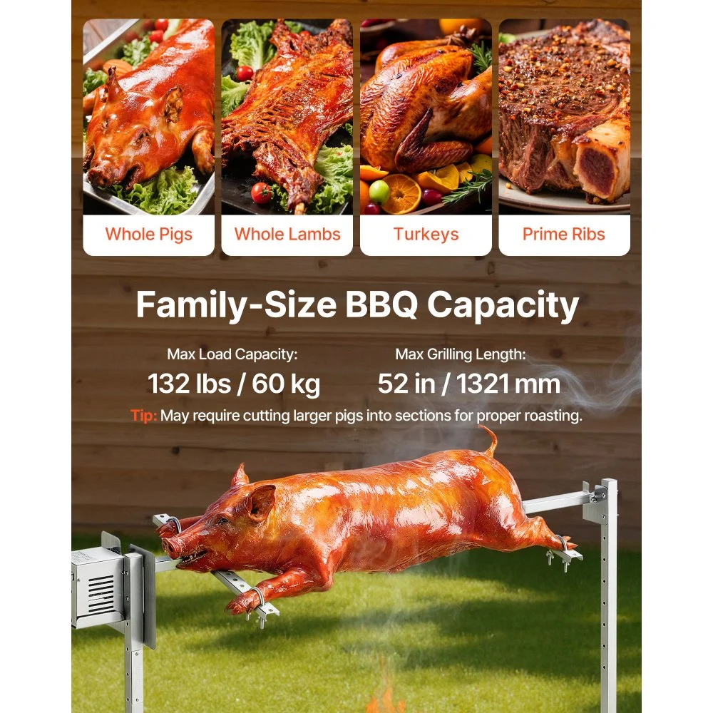 VEVOR Spanferkelgrill Lammgrill Spießbratengrill 1321 mm Rotisserie-Grill AC 220-240 V, 8-stufiges elektrisches Rotisserie-Grill-Set mit 60 kg Tragkraft, 38 W Motor Grillset für Partys