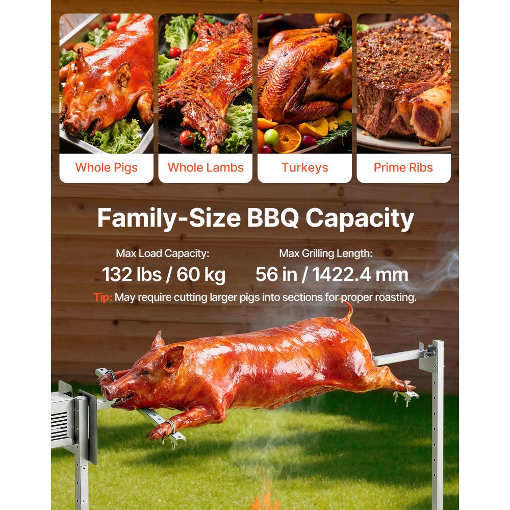 VEVOR Lammgrill 38 W 60 kg 1422,4 mm Drehspieß Spanferkelgrill Edelstahl für Gartenpartys, Hochzeiten, Camping und Feste, 3 U/min mit 8 Höhenstufen, 1825 x 535 x 860 mm, SUS304-Gabel, 45°-Standfuß