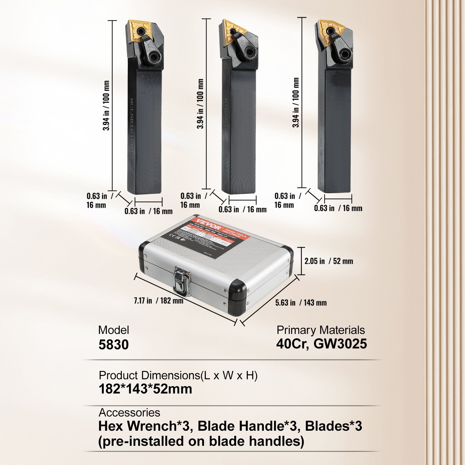 VEVOR 3PCS 5/8 Zoll Drehmaschine Wendeschneidplatten aus Hartmetall mit Aufbewahrungsbox