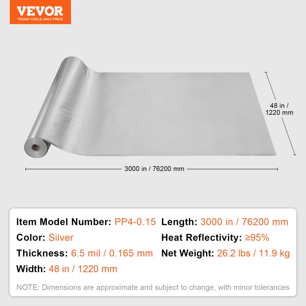 VEVOR Doppelt reflektierende Isolierrolle, Strahlungsbarriere aus gewebtem Stoff, 6,5 Mil, 48 Zoll x 250 Fuß, hitzereflektierender Schild aus Aluminiumfolie und PE-Gewebe, Wärmedämmrolle für Fenster und Wohnmobildächer