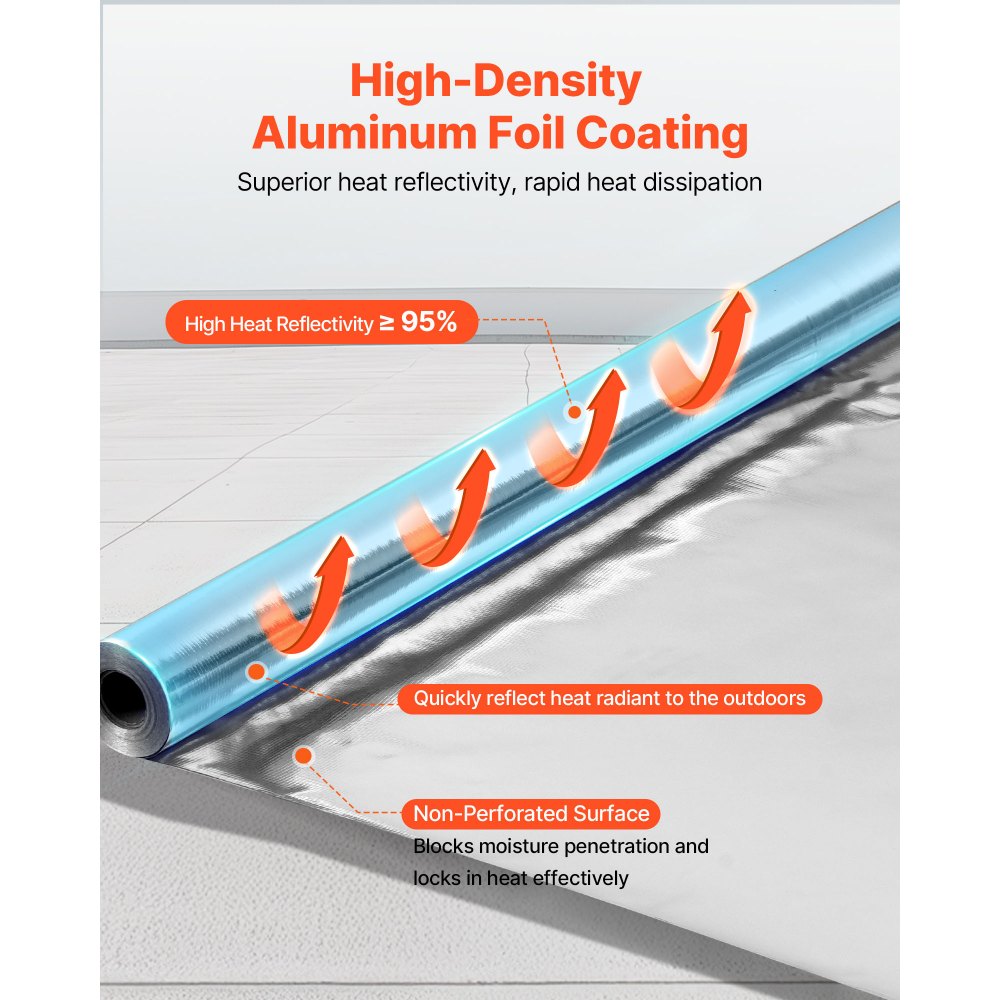 VEVOR Double Reflective Insulation Roll, Non-Perforated Woven Fabric Radiant Barrier, 0.15mm 38.1m x 1.22m, Double-Sided Aluminum Foil Heat Reflective Shield, Thermal Insulation Roll for Window Roof