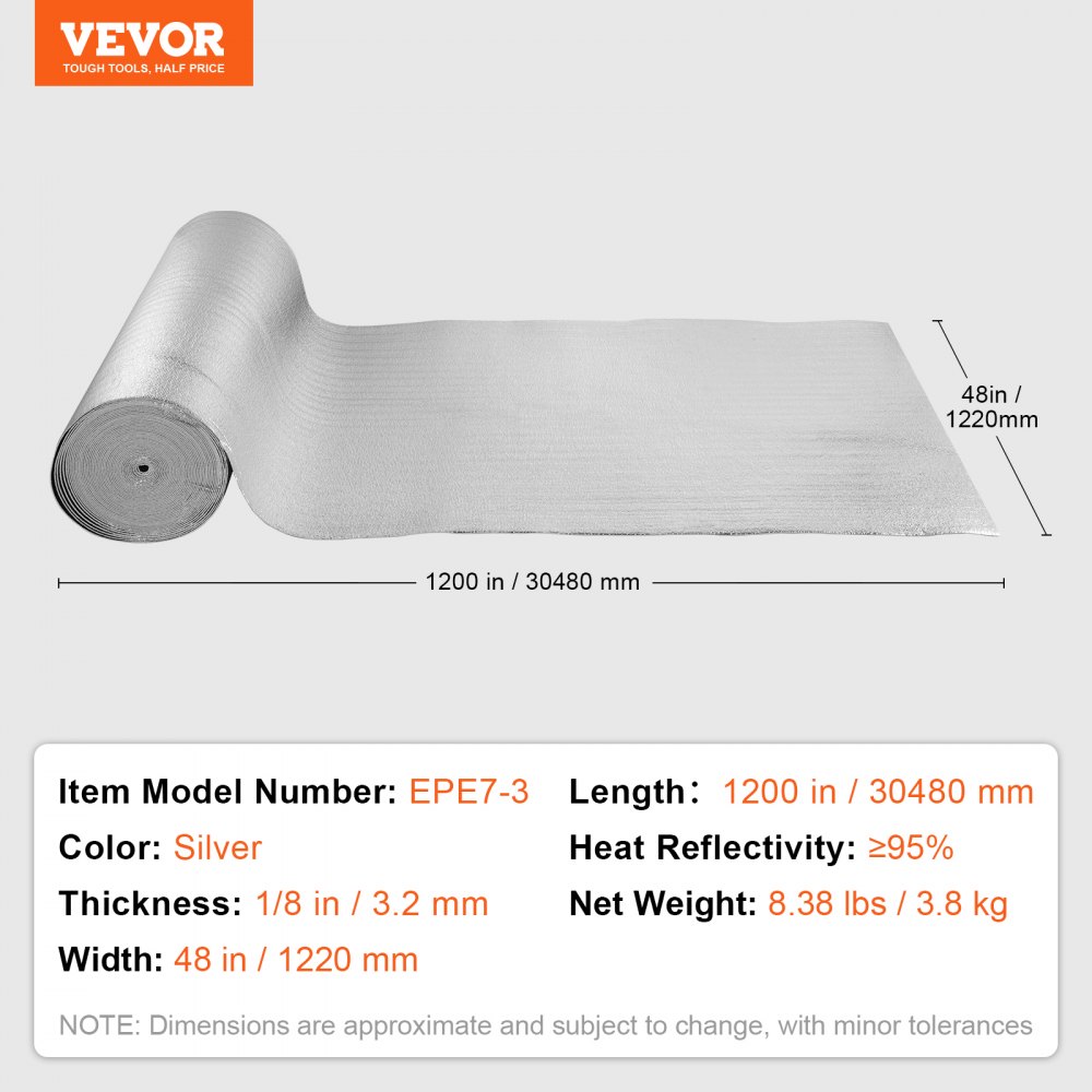 VEVOR Doppelt reflektierende Isolierrolle, Strahlungsbarriere mit Schaumstoffkern, 3,2 mm, 48 Zoll x 100 Fuß, doppelseitiges wärmereflektierendes Schild aus Aluminiumfolie und EPE-Schaum, Wärmedämmrolle für Fenster und Wohnmobildächer