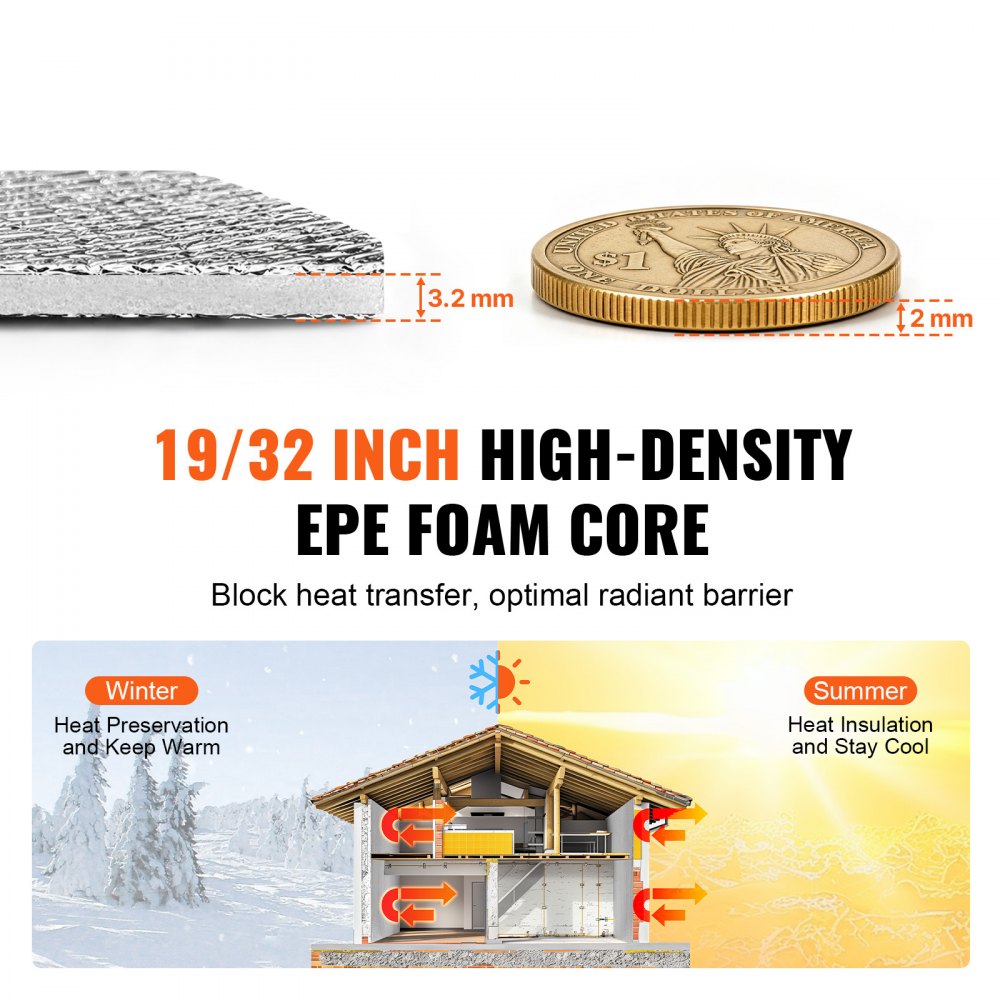 VEVOR Doppelt reflektierende Isolierrolle, Strahlungsbarriere mit Schaumstoffkern, 3,2 mm, 48 Zoll x 50 Fuß, doppelseitiges wärmereflektierendes Schild aus Aluminiumfolie und EPE-Schaum, Wärmedämmrolle für Fenster und Wohnmobildächer
