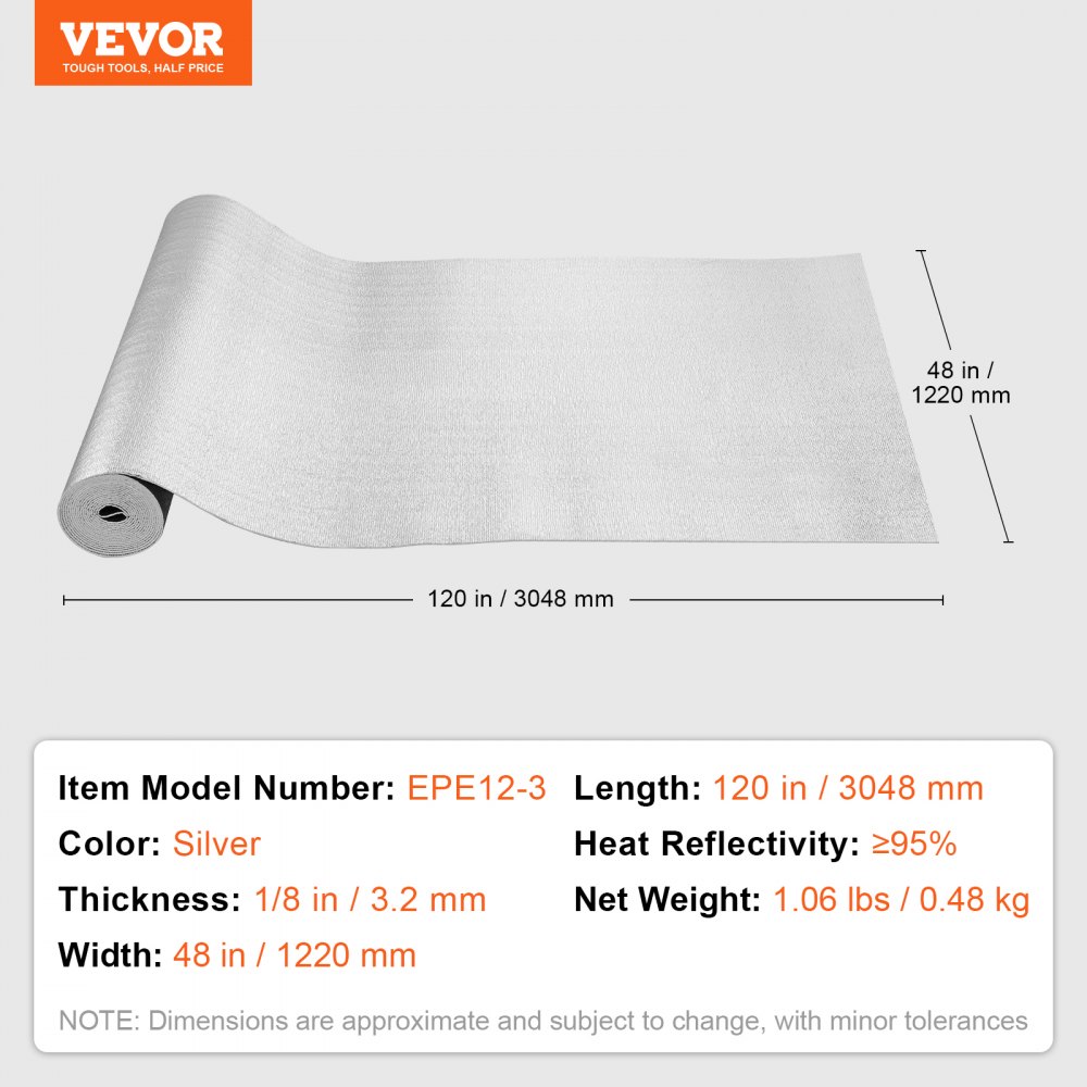 VEVOR Doppelt reflektierende Isolierrolle, Strahlungsbarriere mit Schaumstoffkern, 3,2 mm, 48 Zoll x 10 Fuß, doppelseitiges wärmereflektierendes Schild aus Aluminiumfolie und EPE-Schaum, Wärmedämmrolle für Fenster und Wohnmobildächer