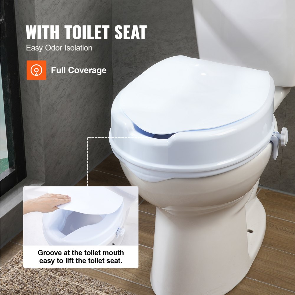 VEVOR Toilettensitzerhöhung Erhöhter Toilettensitz, 10 cm, 136 kg Tragkraft, Universelle Toilettensitzerhöhung, Schraubstangenverriegelung, mit Toilettensitz, für Behinderte, Patienten, Schwangere