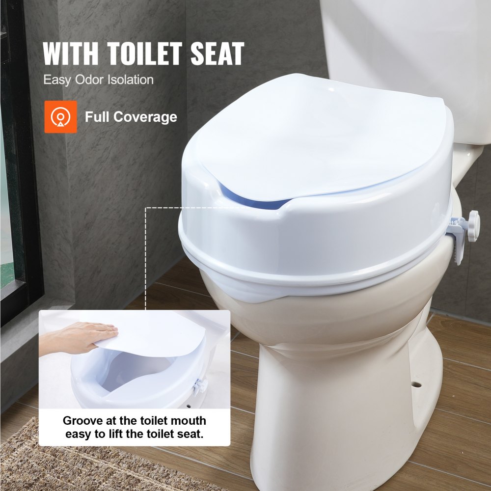 VEVOR Toilettensitzerhöhung Toilettenerhöhung 136 kg belastbar mit Toilettensitz & Doppelknopf, für Senioren Behinderte Patienten Schwangere Mediziner Weiß Universal Toilettensitzerhöhung