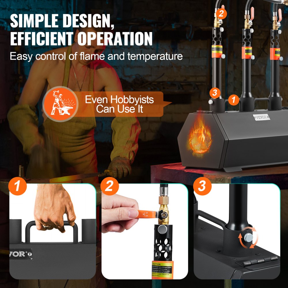 VEVOR Portable Propane Forge, Farrier's Forge with 3 Burners, 1427℃ Gas Forging Furnace for Tool and Knife Making, Hexagonal Gas Forging Tools and Equipment Made of Cold Rolled Steel