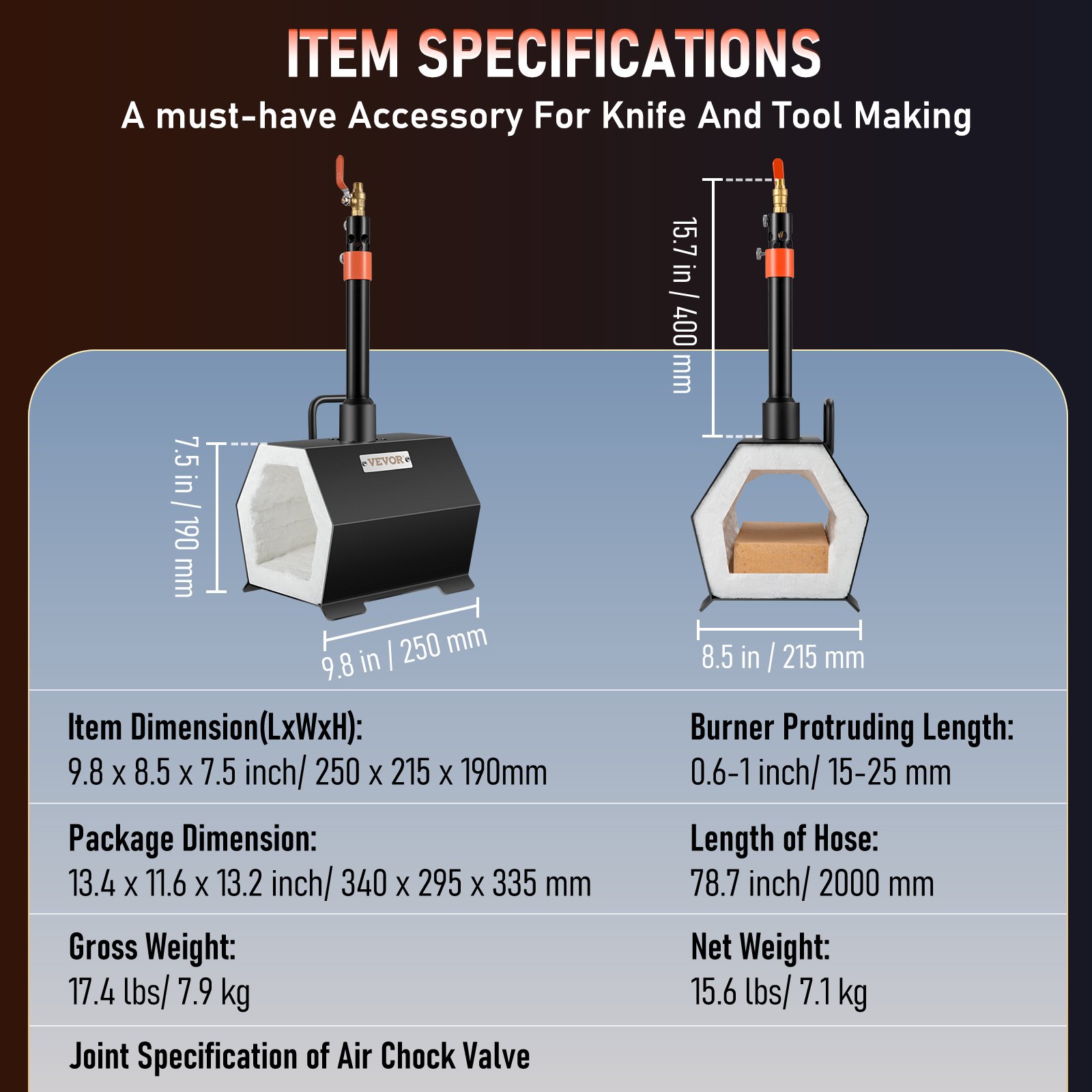VEVOR Gas Schmiedeofen Sechseck, 250 x 215 x 190 mm Gas Schmiede mit Brenner, Gold, Messing, Bronze, Magnesium, Aluminium, Zinn und Edelstahl, Gas Propan Forge Schmiedeofen 2 m Gasschlauch