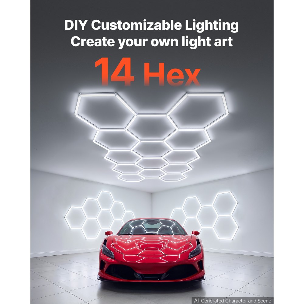 VEVOR Hexagon Garage Lights 456W 54720LM 6500K 14 Grid Systems LED Light, Bright Honeycomb Hex Car Detailing Lighting, Easy Install, Durable PC Material, for Garage, Warehouse, Workshop, Shop, Gym
