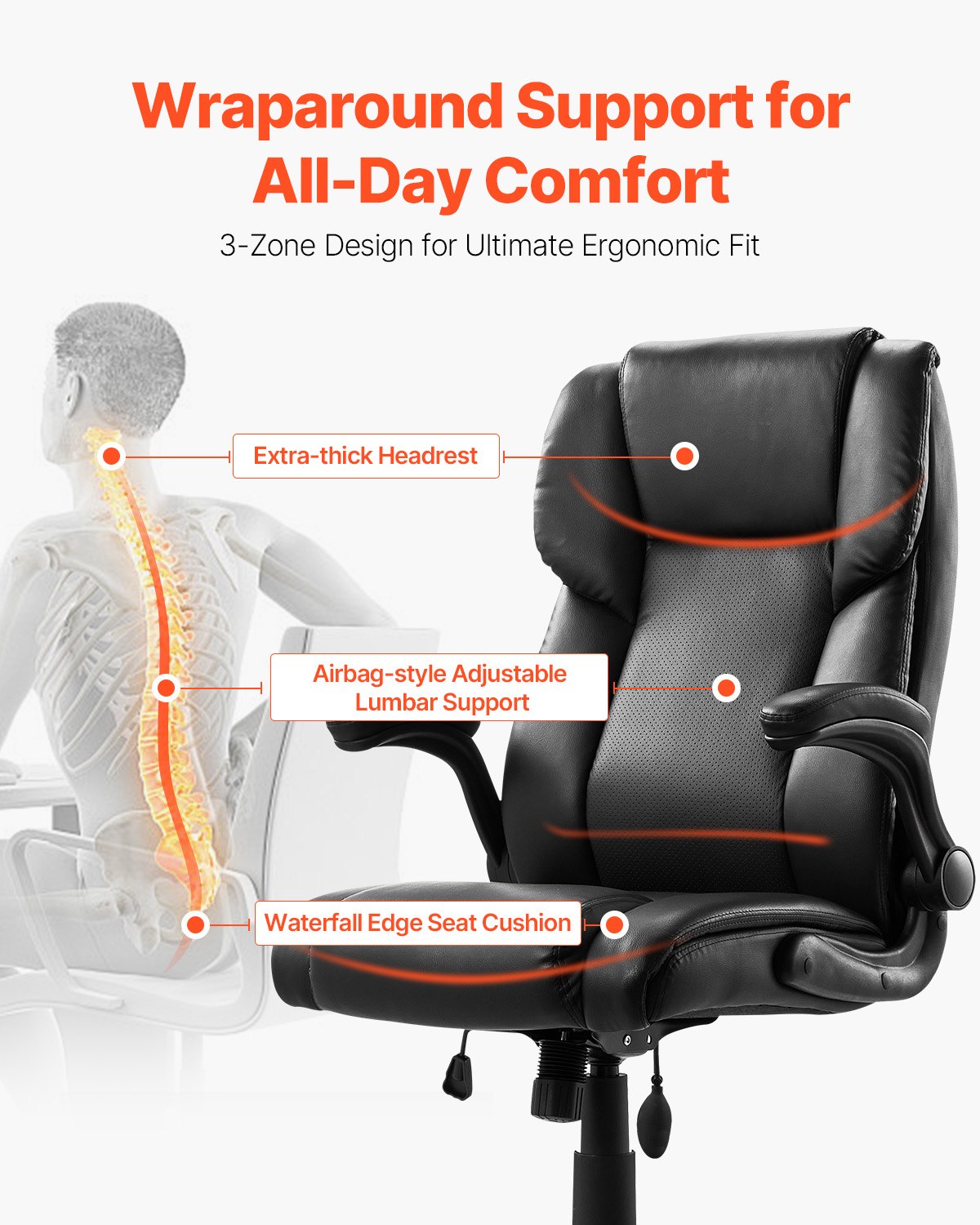 VEVOR Executive Office Chair, Swivel Chair with High Backrest, Lumbar Support, and Foldable Armrests, Ergonomic Desk Chair with Tilt and Height Adjustment, for Work, Study, and Gaming