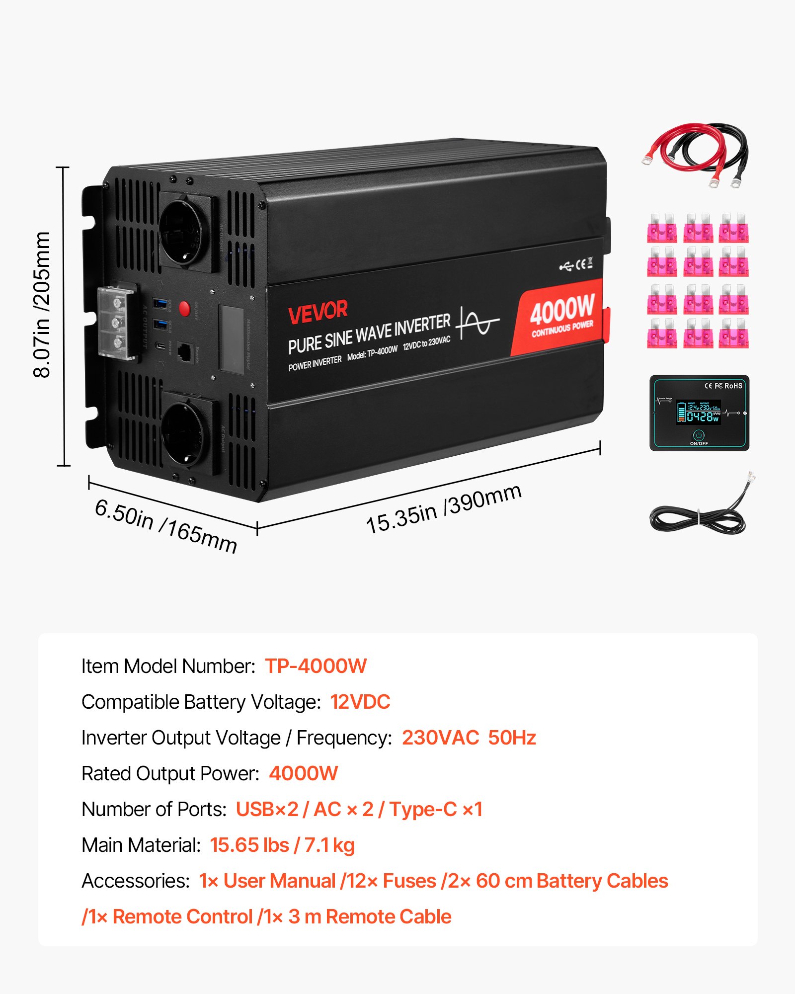 VEVOR 4000W Power Inverter, 12V DC to 230V AC Pure Sine Wave Inverter, Solar Car Charger Converter with LCD Display, Remote Control, 2 USB Ports, 2 AC Outlets, Type-C Port, for RV, Truck Outdoor