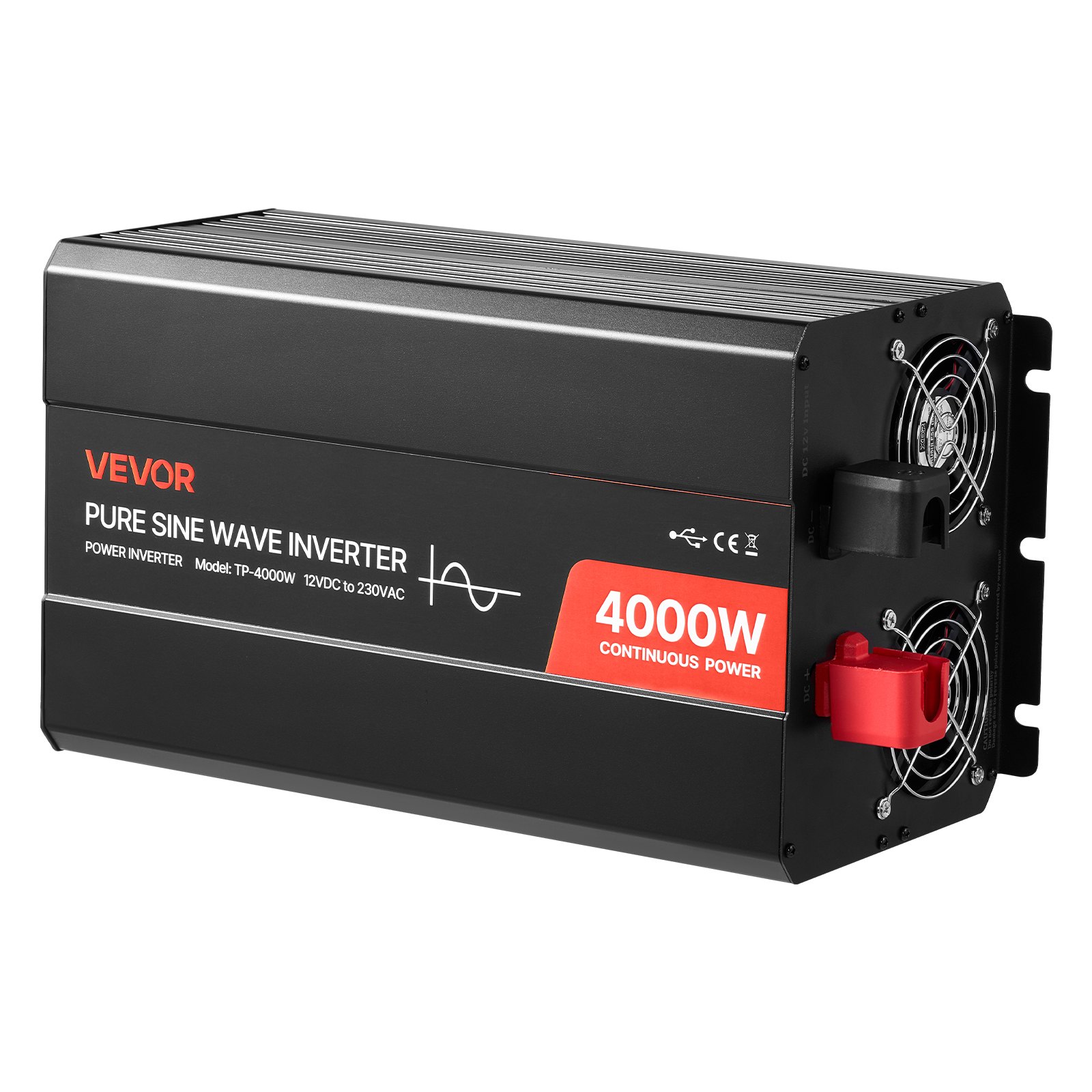 VEVOR 4000W Power Inverter, 12V DC to 230V AC Pure Sine Wave Inverter, Solar Car Charger Converter with LCD Display, Remote Control, 2 USB Ports, 2 AC Outlets, Type-C Port, for RV, Truck Outdoor