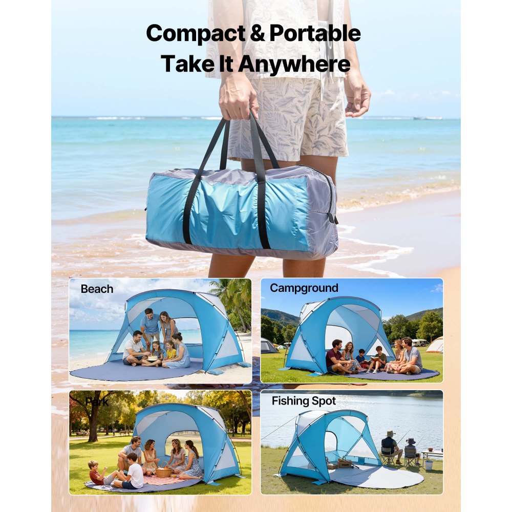 VEVOR Beach Tent Sun Shelter for 6 Person, UPF 50+ Protection, Portable Sun Shade Canopy with Carrying Bag & Sand Pockets, Lightweight and Easy Setup Beach Umbrella for Family Camping Outdoor Picnic