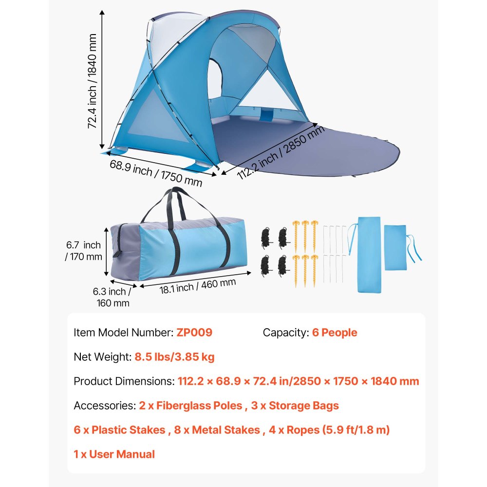 VEVOR Beach Tent Sun Shelter for 6 Person, UPF 50+ Protection, Portable Sun Shade Canopy with Carrying Bag & Sand Pockets, Lightweight and Easy Setup Beach Umbrella for Family Camping Outdoor Picnic