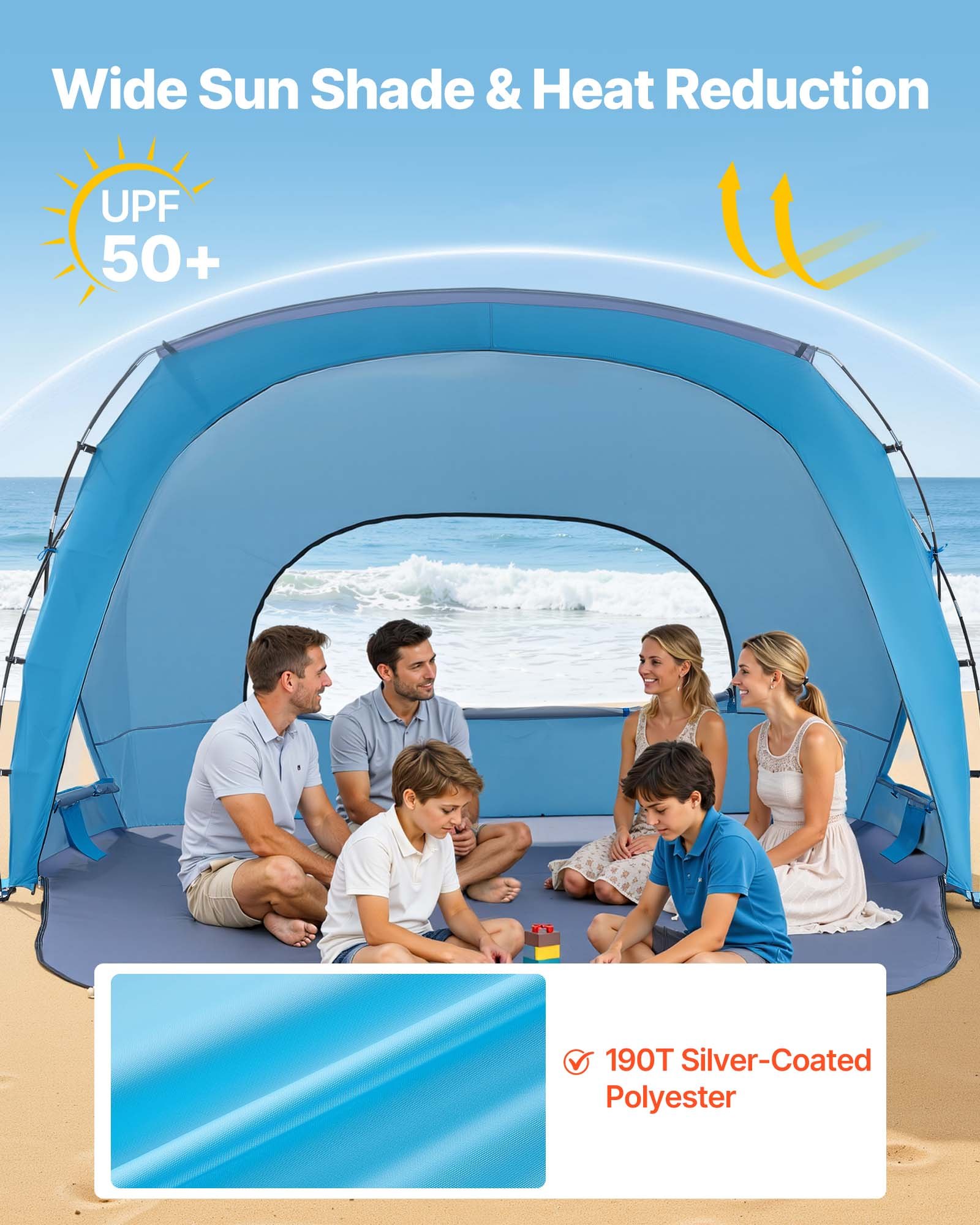 VEVOR Beach Tent Sun Shelter for 6 Person, UPF 50+ Protection, Portable Sun Shade Canopy with Carrying Bag & Sand Pockets, Lightweight and Easy Setup Beach Umbrella for Family Camping Outdoor Picnic