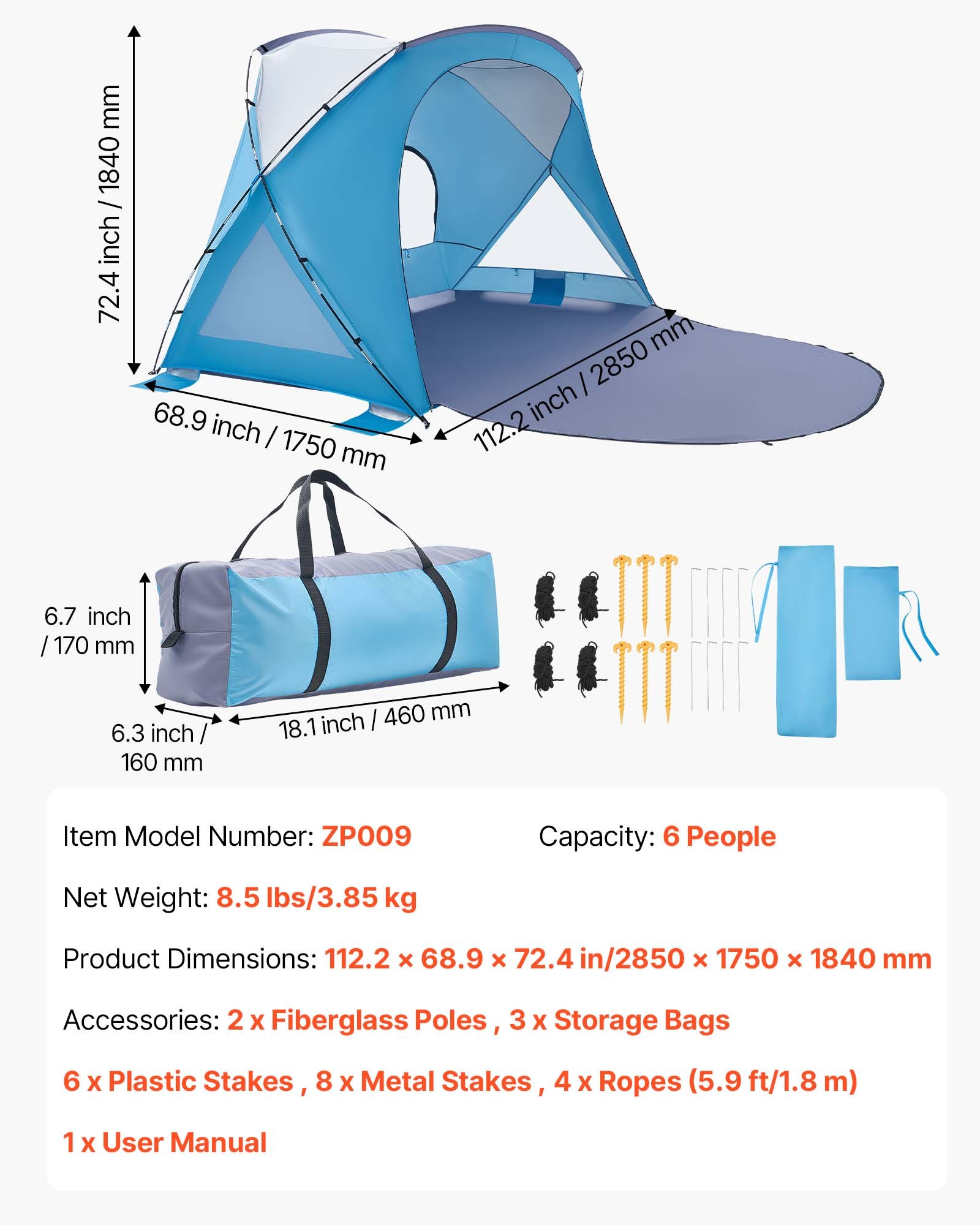 VEVOR Beach Tent Sun Shelter for 6 Person, UPF 50+ Protection, Portable Sun Shade Canopy with Carrying Bag & Sand Pockets, Lightweight and Easy Setup Beach Umbrella for Family Camping Outdoor Picnic