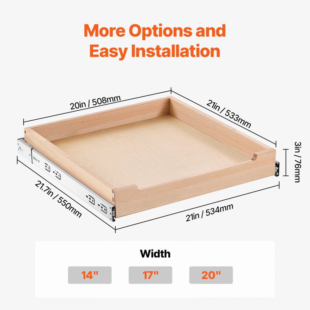 VEVOR Ausziehbarer Schrank-Organizer Schrankschublade Regal (508 x 533 x 76 mm) mit sanftem Schließmechanismus, Holz-Schiebeschublade Unter- und Seitenmontage, für Küche Speisekammer Badezimmer