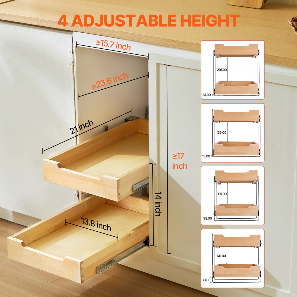 VEVOR ausziehbarer 2-stufiger Schrank-Organizer Schrankschublade Regal (315 x 533 x 76 mm) mit sanftem Schließmechanismus, Holz-Schiebeschublade Unter- und Seitenmontage, für Küche Badezimmer