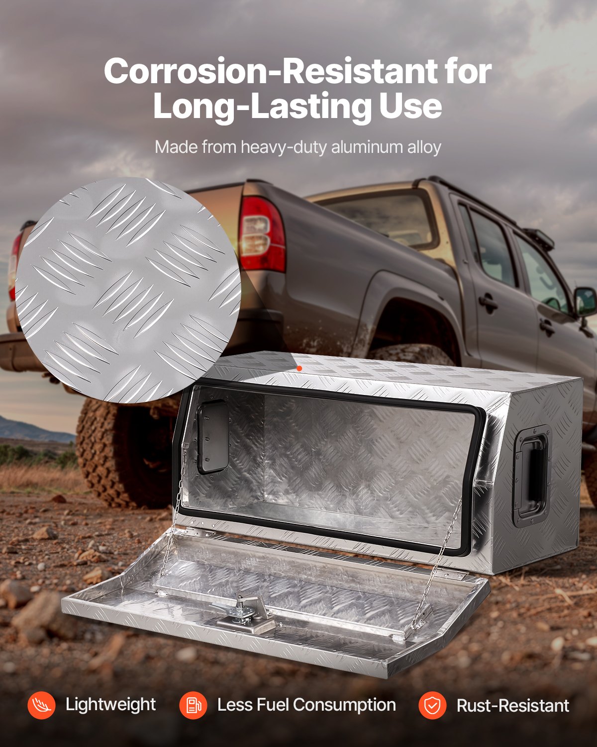 VEVOR Werkzeugkasten aus Aluminium für die Ladefläche, gestreifte Werkzeugkiste (762 x 330,2 x 330,2 mm) mit seitlichem Griff & T-Lock-Schlüssel, Aufbewahrungs-Organizer für Anhänger Silber