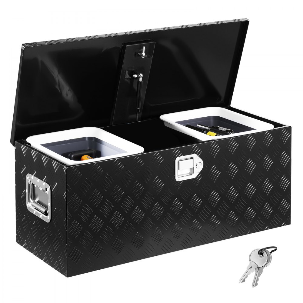 VEVOR Werkzeugkasten aus Aluminium für die Ladefläche, gestreifte Werkzeugkiste (899 x 370 x 370 mm) mit seitlichem Griff & ausziehbarem Regal, Aufbewahrungs-Organizer für Anhänger Schwarz