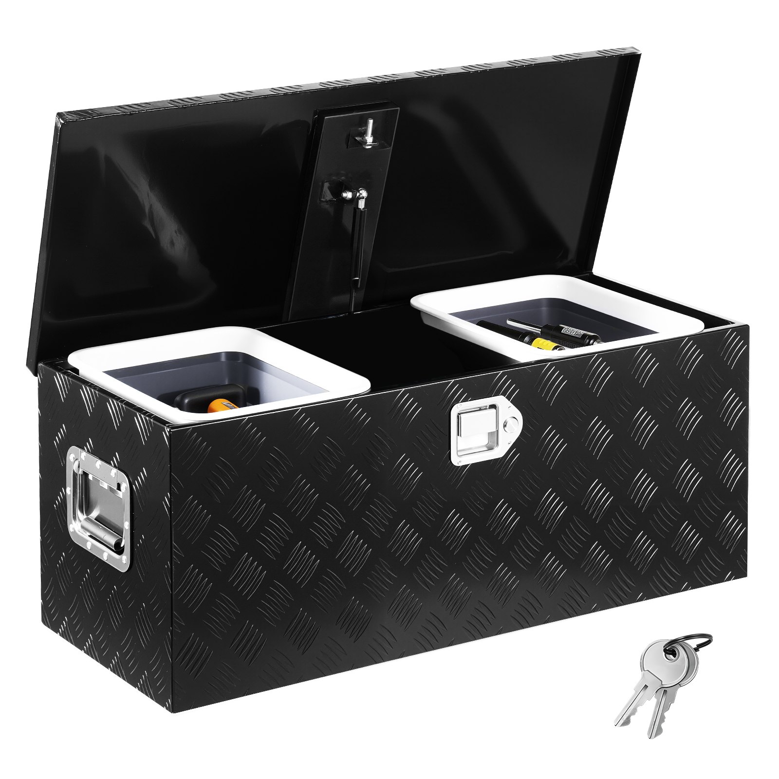 VEVOR Werkzeugkasten aus Aluminium für die Ladefläche, gestreifte Werkzeugkiste (899 x 370 x 370 mm) mit seitlichem Griff & ausziehbarem Regal, Aufbewahrungs-Organizer für Anhänger Schwarz